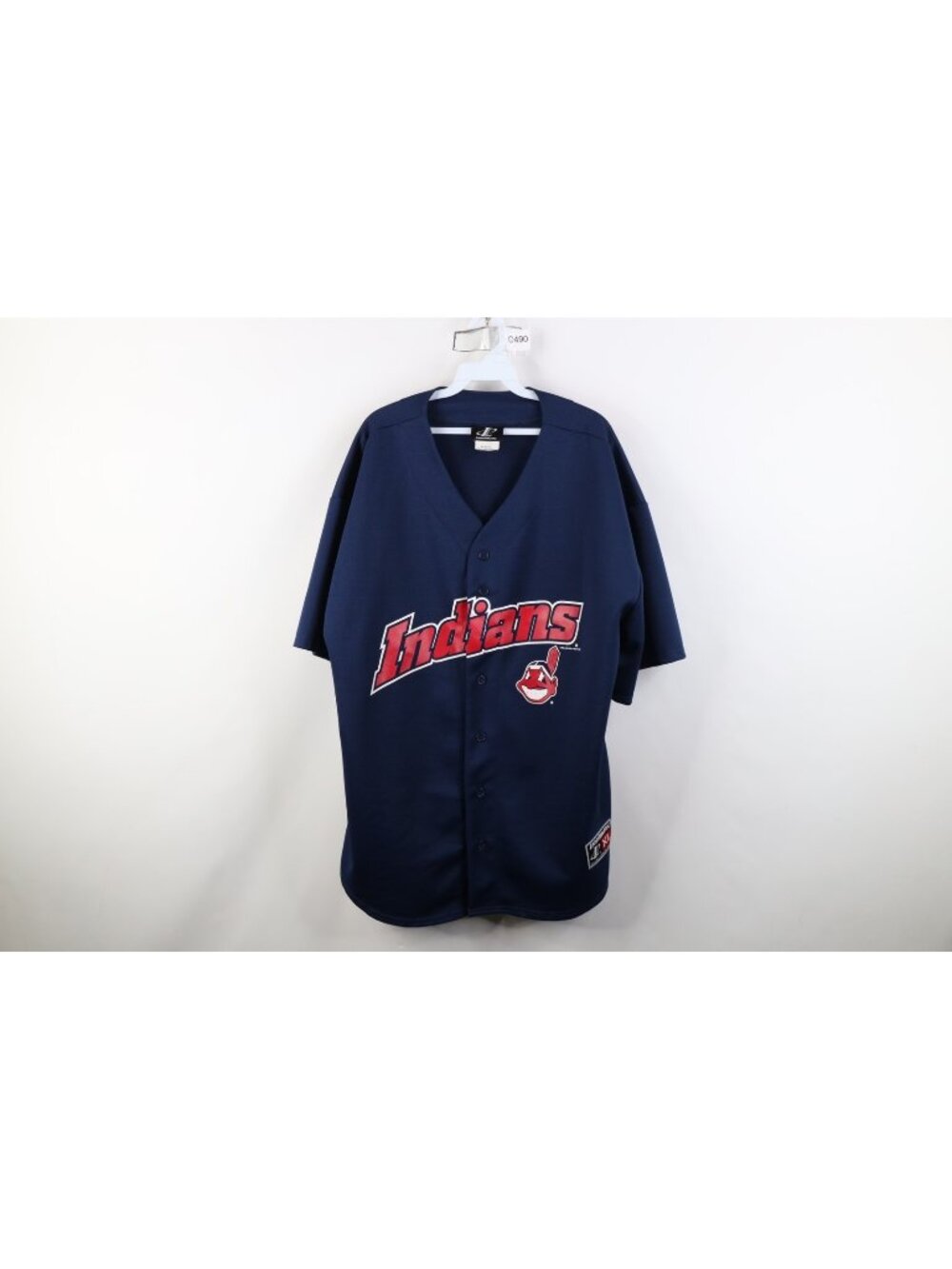 Vintage 90s Mens XL Spell Out Chief Wahoo Cleveland Indians Baseball Jersey Blue